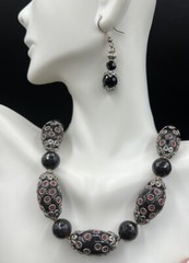 Artisan Made Black/Red/Silver Bead Necklace, Earrings Set