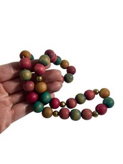 Handcrafted Matte Wood Beaded Necklace Red Green Brown Brass Spacers
