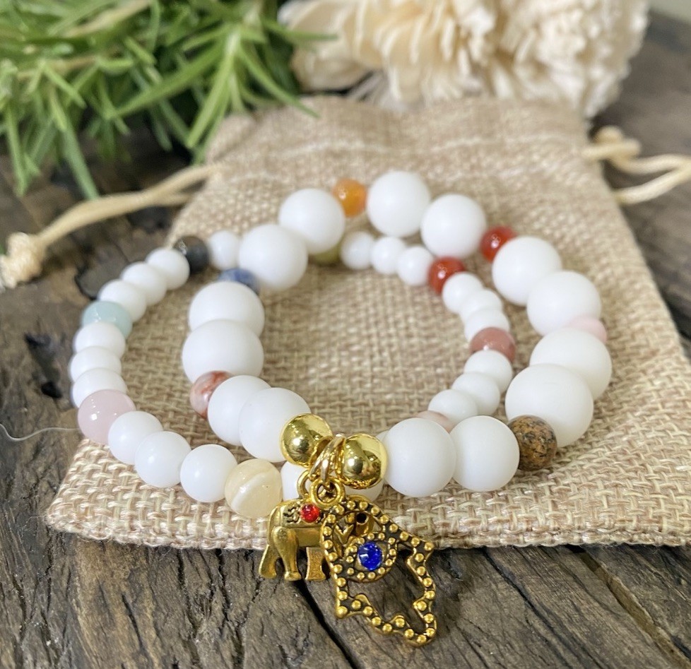 Matte White Beaded Stretch Bracelet with Gold Charm, Gemstone Bracelet