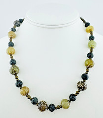Etched Agate Bead Necklace 16” Boho Artisan Tribal Stone Beads Toggle Clasp