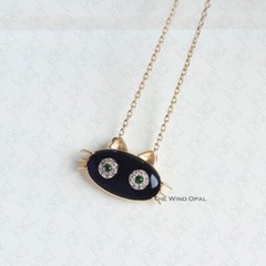 Mystic Black Cat Necklace in 18K Gold with Tsavorite Diamond Eyes Black Agate