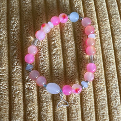 Pink & White Glass Beaded Stretch Bracelet with dolphin fin charm