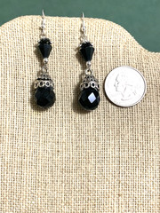 ON SALE*EXQUISITE HANDCRAFTED JET CRYSTAL BRIOLETTE & SILVER DROP EARRINGS-NEW