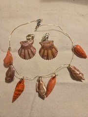 Handmade Wire Scallop and Auger Shell Jewelry Set: Necklace & Clip-on Earrings