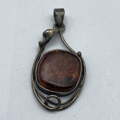 Vintage Sterling Silver 925 Cognac Amber Artisan Leaf Motif Pendant 14.2g