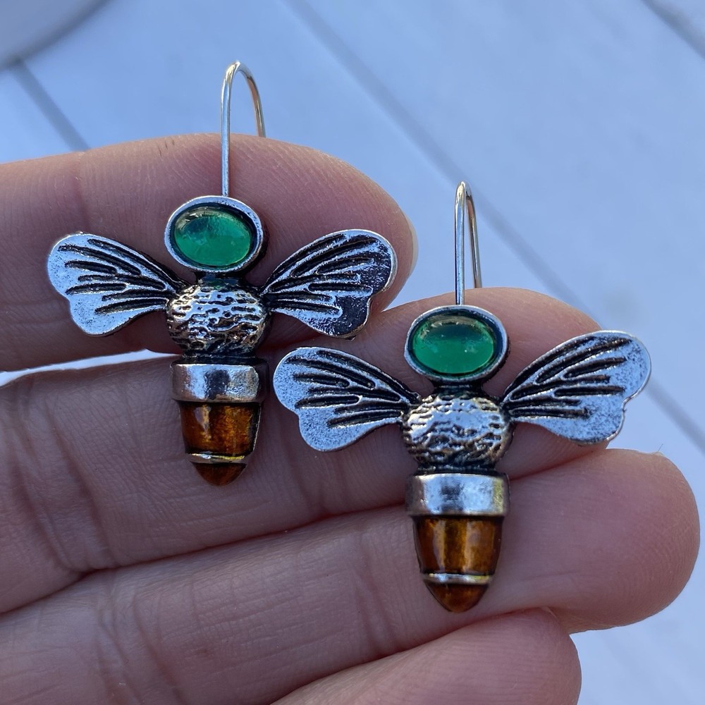 Green And Amber Retro Bohemian Bee & Antique Silver Statement Earrings