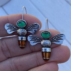 Green And Amber Retro Bohemian Bee & Antique Silver Statement Earrings