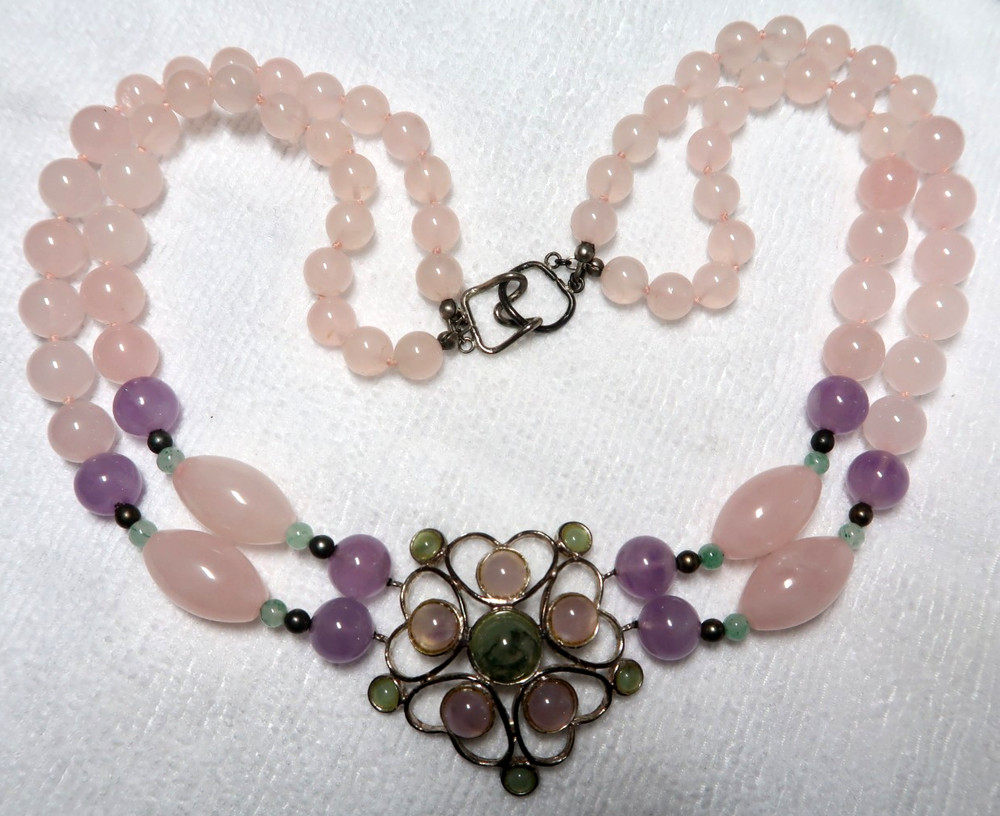 VINTAGE GENUINE MULTISTONE TWO STRANDS STATEMENT NECKLACE