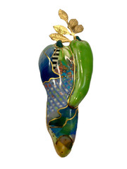 Cynthia Chuang JEWELRY 10 Abstract Enameled Peppers w/Gold Leaves BROOCH #914