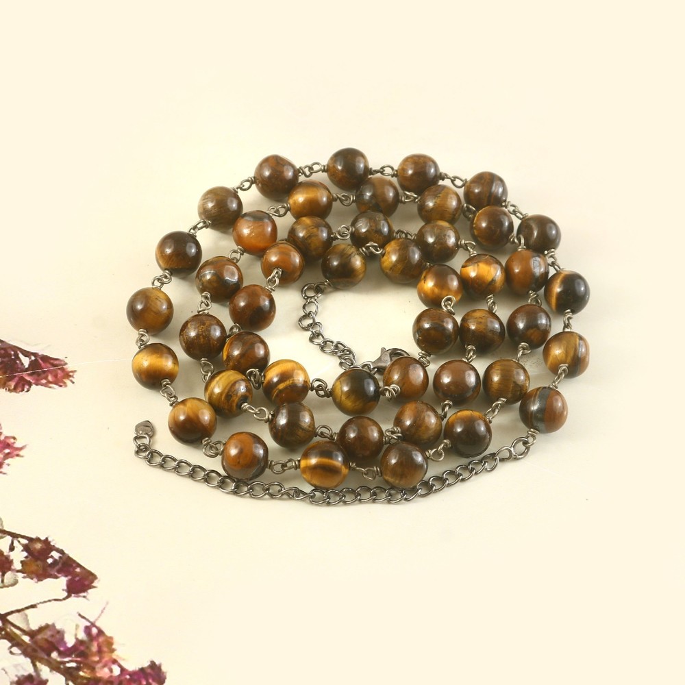 Natural Tiger Eye Bead Necklace 30″ Gemstone 8mm Beads in 925 Sterling Silver