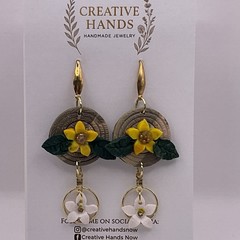 Handmade Floral Dangle Earrings Yellow Flower Gold Hoop Lightweight