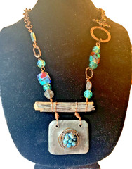 OOAK Artisan Copper Wire Bird’s Nest Robin’s Egg Wooden Log Art Glass Necklace