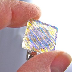 Dichroic Glass Ring Clear Sky Blue Teal Ripple Wavy Texture Adjustable 3/4″ 20mm