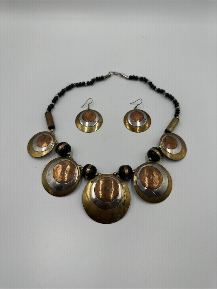 Vintage Hammered Metal Necklace Retro Copper Brass Silver & Earrings Boho MCM