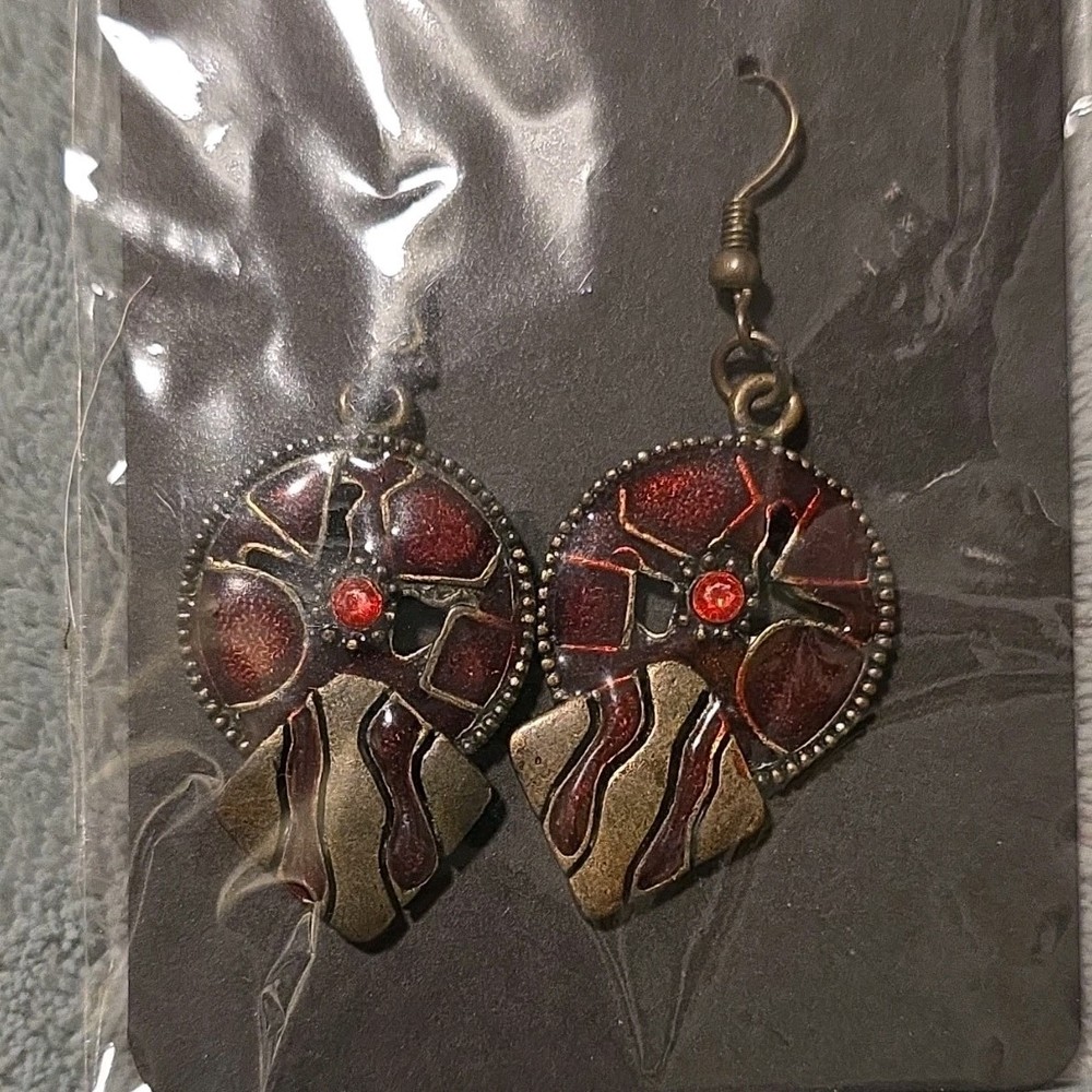 Handcrafted Red & Bronze Abstract Enamel Dangle Earrings Artisan