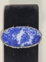 Vintage Handmade Blue White Broken China Jewelry Pewter Brooch Pin Sea Pottery