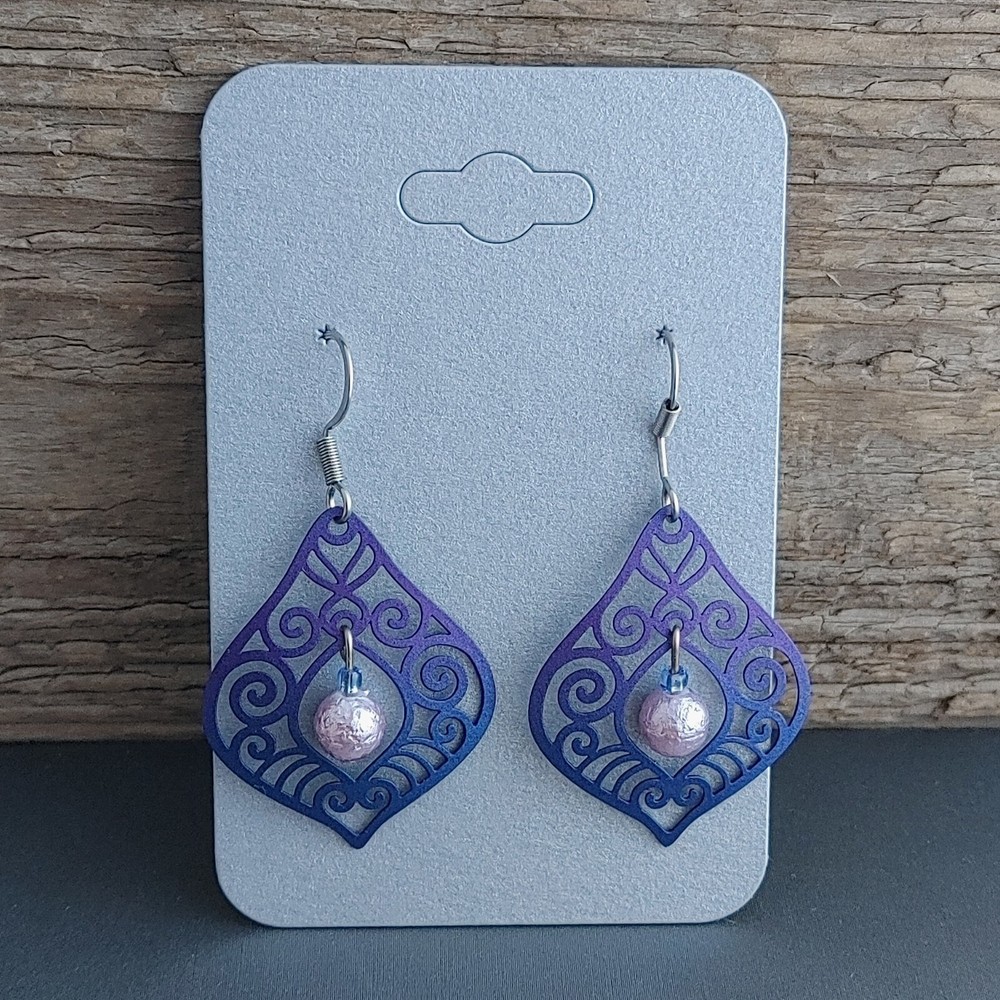 Handmade Blue Purple Filigree Earrings Swirl Dangles Beads Gift Rdy Lightweight