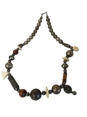 Handmade Mixed Bead Necklace Silver & Cream Geometric Accents Tribal Boho