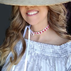 Red Flowers CHOKER NECKLACE Vintage Lace Beaded, New & Handsewn Ribbon Ties