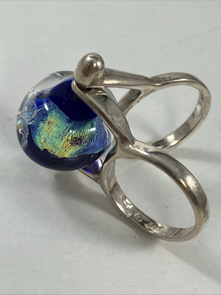 Sterling Silver 925 Dichroic Glass Fidget Size 7 Ring Hallmarked Bulls Head “GB”