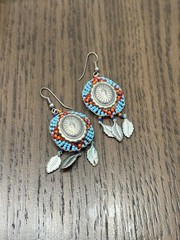 Southwestern Design 2.5” Dangle Earrings Beads Leather And Metal