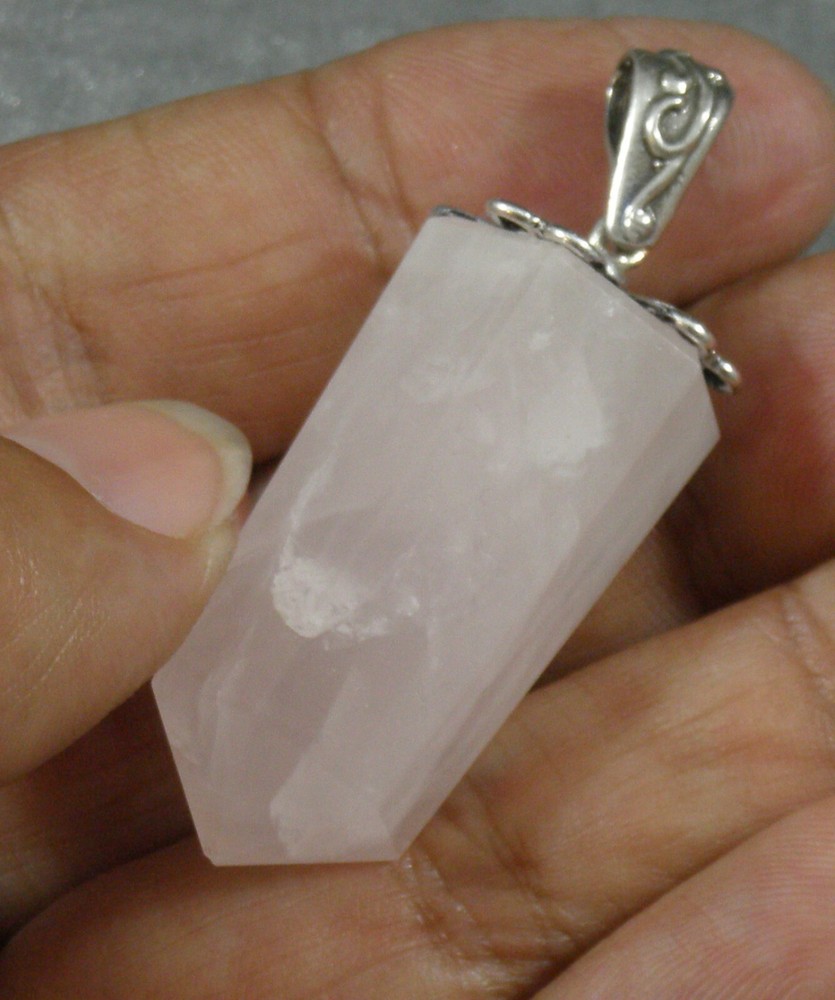 Natural Pink Rose Quartz Point Faceted Pendant .925 Sterling Silver 48mm #2