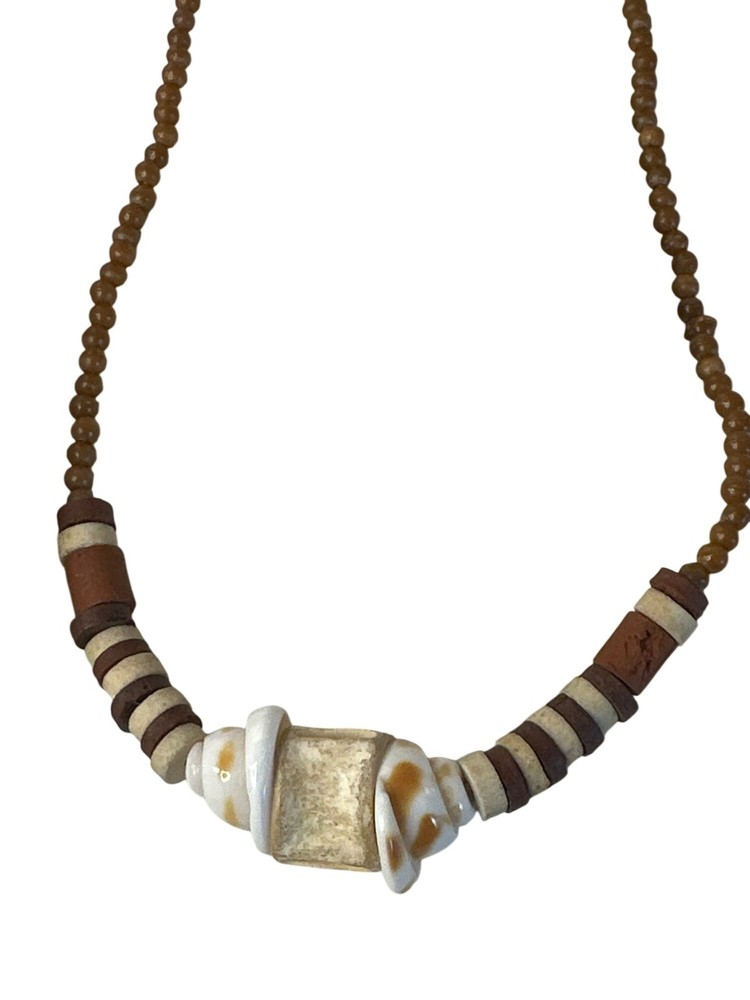 Handmade Beaded Necklace Earth Tone Seashell Tribal Beach Core Choker 15″