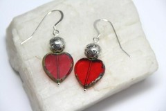 Red Heart Shape Glass Beads .925 Sterling Silver Earrings 1 1/2″ Pewter Spacers