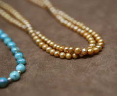 Handmade Round Light Blue Yellow Matte Glass Choker Necklace 18” 19” Set Of 2