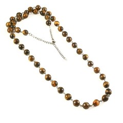 Natural Tiger Eye Bead Necklace 30″ Gemstone 8mm Beads in 925 Sterling Silver