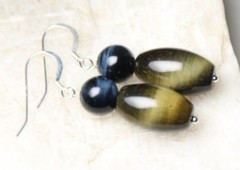 Tiger’s Eye Brown and Blue Barrel Shape Gemstone 925 Sterling Silver Earrings