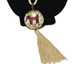 VTG White Cord Tassel Necklace W/ Red Elephant Flowers Round Cloisonne Pendant