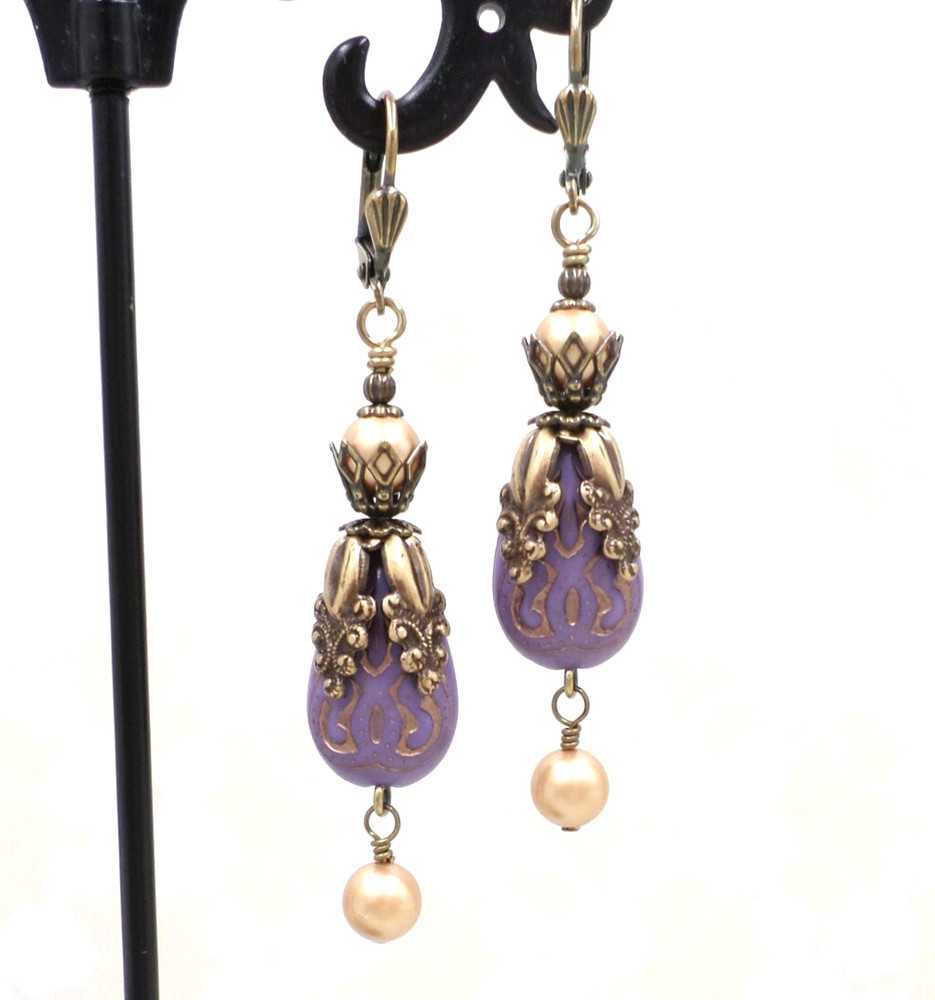 Purple & Gold Victorian Style Earrings, Acrylic Faux Pearl Antique Brass Jewelry