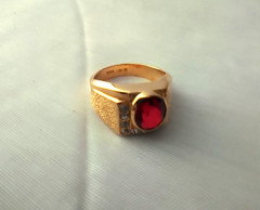 18K Gold HGE Handmade Oval Ruby 6 Round Rhinestone Gem Ring Size 11 Unisex