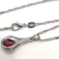 924 Silver Necklace W/ Lab Ruby Teardrop Pendant Anniversary Birthday Gift NEW