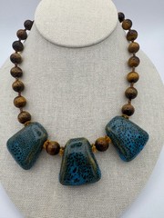 Artisan Tiger Eye Ceramic Statement Necklace Blue Pottery Beads Boho Toggle