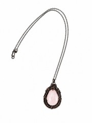 Handmade Wire Wrapped Rose Quartz Pendant Necklace on Antique Copper Chain 23” L