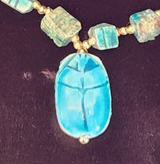 Vintage Handmade Egyptian Revival Blue Turquoise Ceramic Clay Scarab Necklace