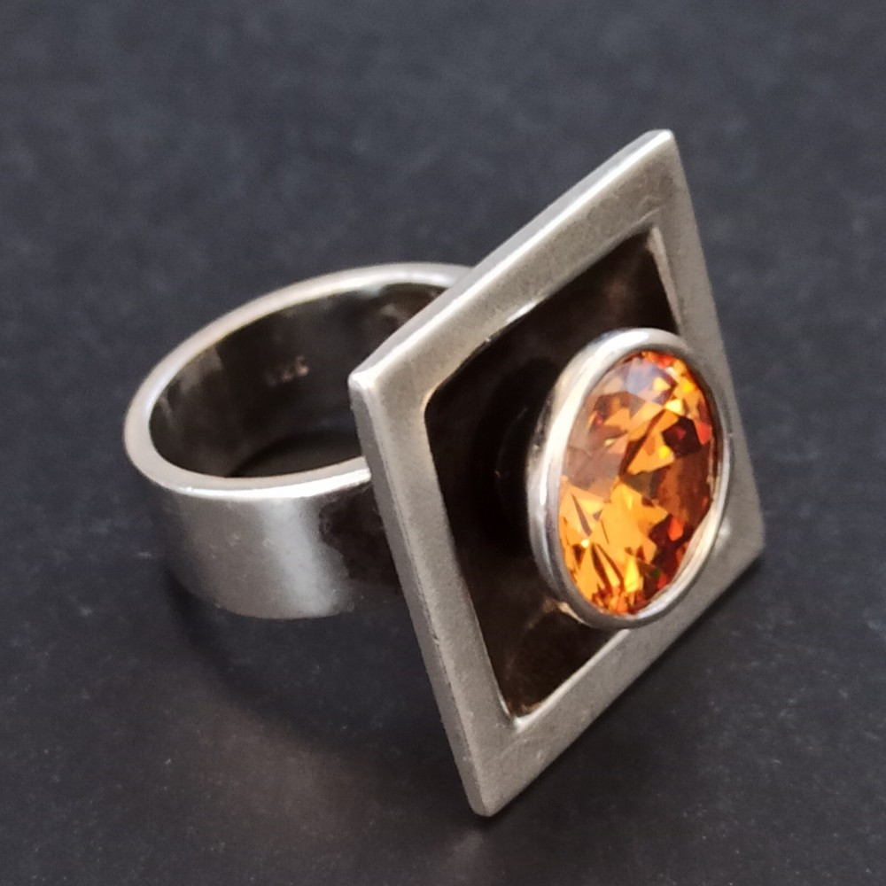 Silver Ring Modernist Massive Geometric Bold Artisan Quartz Square 7.25 Fine VTG