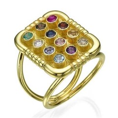 Hoshen Jewish Ring 14K Yellow Gold Square Top w/ Precious Stones Solid Jewelry