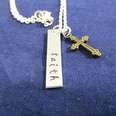 Hand Stamped Bar Necklace Faith, Hope or Love with Charm Handmade