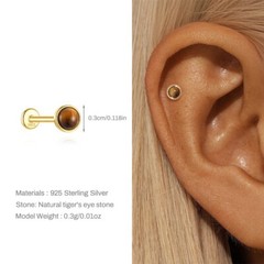 Tiger Eye Nap Earrings Helix Tragus Rook 925 Sterling Silver Flat Back Earrings