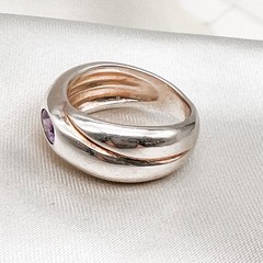 Sterling Silver Modernist Ring/Faceted Purple Glass/Flush‑Set/Artisan/Sz 5.5