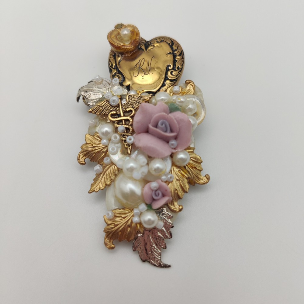 Handmade RN Collage Flower Heart Brooch Registered Nurse Healthcare Gift Unique