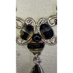 Vintage Silver Tone Necklace with Brown & Gold Tone Beads and Earrings