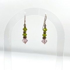 Sterling Silver Olive Green and Pink Bicone Crystal Dangle Earrings 925 Drop