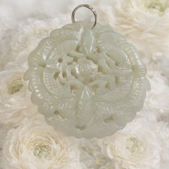 VTG Large Carved Jade Round Rose Pendant Light Green 2.25 inches Round