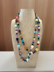 Necklace Colorful Mixed Media~Glass Beads,HandPainted Ceramic Sq/Rnd Beads 22”