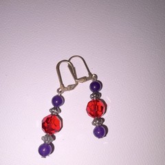 Handcrafted Red Purple Glass Beaded Dangle Earrings Silver Leverback Bohemian
