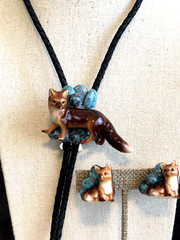 Artisan Made Women’s Western Bolo Tie And Earring Set Ceramic Fox And Babies
